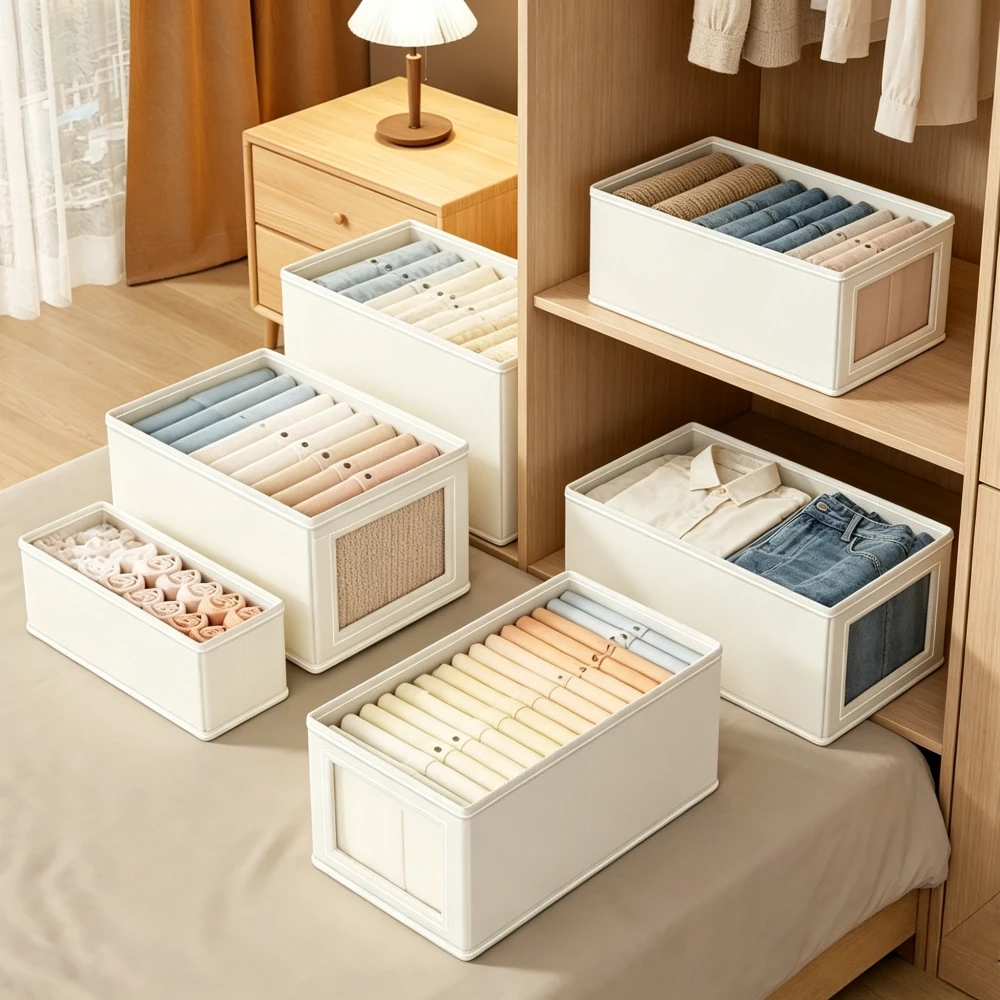 Collapsible Fabric Closet Organizer Box with Clear Window and Lid Stacked Set
