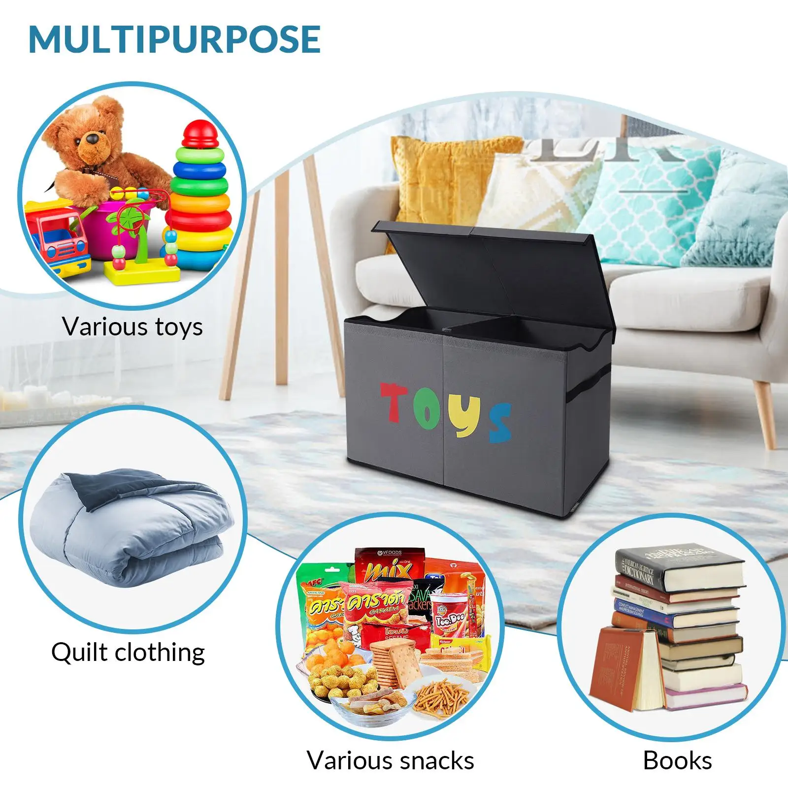 Large Collapsible Fabric Toy Storage Box with Lid (100L / Foldable Organizer with Divider) gallery view 4